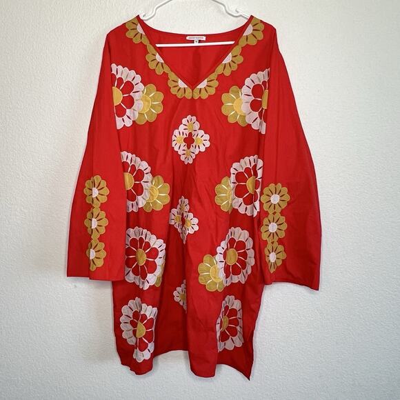 Frances Valentine 1X Dress Goldie Tunic Kaftan Embroidered Floral MOD Retro B12 - Picture 4 of 11